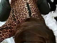 French Amateur in Black Leather Pants and Multi-Colored Thong Rimming in Doggystyle POV