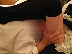 Beautiful cosplay maid gets a hot creampie on her submissive couch