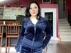 Latina student unboxes Juicy Couture velour tracksuit. She tries it on with cute petite charm.