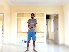 Rajesh strips, spanks his dick, moans, and cums in a cup