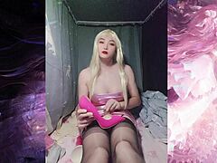 shemale in pink tube top strokes big cock