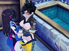 Dva and tracer from overwatch take turns licking each other's pussies and tribbing in this uncensored lesbian hentai game.