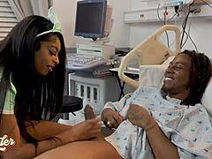Mia Mercy, ebony nurse, grabs my sample with big cock action