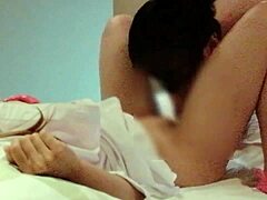 Asian Big-Breasted Beauty in Red Bra Gets Fingering and Licking on Bed