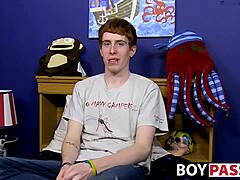 Red-haired guy chats before pounding himself with a dildo in a solo act.
