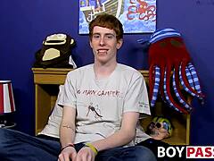 Red-haired guy chats before pounding himself with a dildo in a solo act.