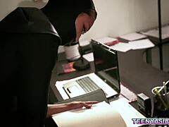Big cocked stud nails office babe in spread eagle position