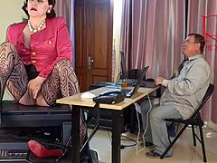 Curvy secretary seduces boss and masturbates in the office