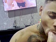 Detailed sucking of my well-endowed gay friend in intense action.