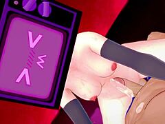 TV woman strips minifalda for hot doggy in love hotel.