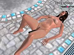 Cute Girl In 3D Cartoon Masturbating With Bottle By Pool