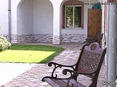 Young brunette gets it on with much older man at the pool