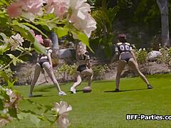 Amateur video of old football chicks in a group sex scene
