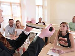 Shaved pussy licked and choked in classroom orgy doggystyle