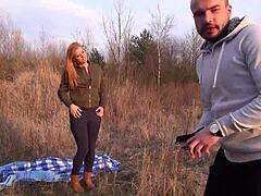 Fresh-faced blonde gets rough and tumble outdoor sex in front of the camera for the first time