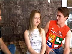 feeling overwhelmed watching russian girl ride and suck two guys in wild 3some action!