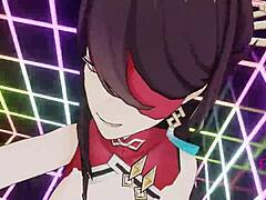 A female character from Genshin Impact gets a cum shot while being ridden and squirts