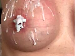 Feeling Hot Waxing Big Tits and Pierced Nipples in Leather