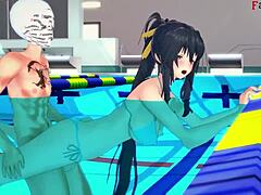 akeno begs for sex in the crowded public pool during hs dxd ntr madness 4