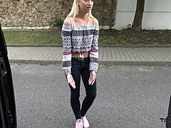Pretty blonde gets hard cock in backseat of a car