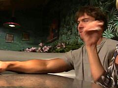 blonde milf's shaved pussy teased under table sparks reverse cowgirl craving