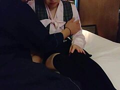 OL assistant rides hard and moans during daytime creampie.