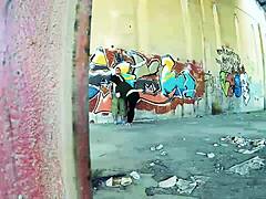 Chubby couple bangs hard against public street wall.