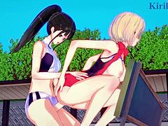 Chisato Nishikigi and Takina Inoue in wild futanari hentai sex.