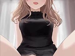 Anime girl in black dress rides cock and gets covered in cum.