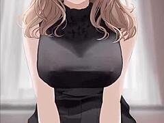 Anime girl in black dress rides cock and gets covered in cum.