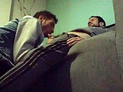 Intense gay blowjob and sofa fucking