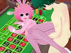 mina ashido and momo yaoyorozu with izuku midoriya in bunny girl intense sex