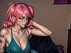 This nerdy girl gets possessed and fucks curvy bitches with a huge cock.