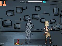 in fuckerman flash game by bambook, the big tits anime girl gets a facial from monster cock