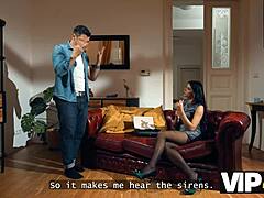 Unbelievable! Sexy brunette mistakes whistle for signal to suck old cock in VIP4K!