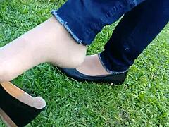 just watching her shoeplay with tan nylons and flats is hot.