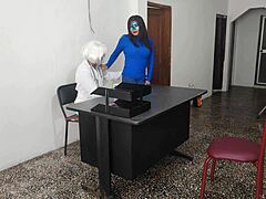 doctor and cute secretary have first time sex in office, flashing and riding sensually on desk.