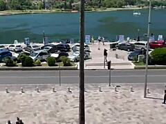 The risky public sex and flashing with 18yo brunette teen in pov.