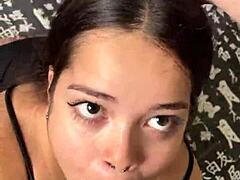 cute girlfriend deepthroating big cock. sloppy blowjob with licking