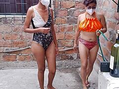 the whores intensely enjoy their day off bathing and massaging their tits and vagina in the country house