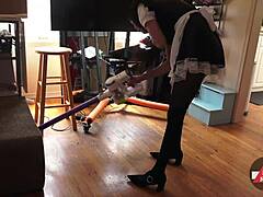 Maid in French costume cleaning the house and giving some hints