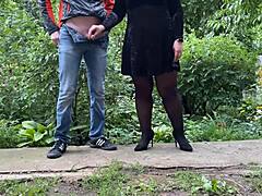 Hidden fantasies unfold with curvy cougar in outdoor toilet fetish play.