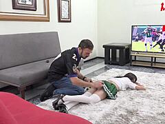 he pounds latina friend hard, finishing on mouth and tits