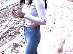 Teen with glasses gives deep blowjob in stunning canyon