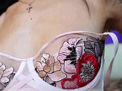 Pretty Shemale with Big Tits Tattoos Masturbates Wet Pussy Boobs Close Up in Mirror Amateurs