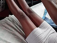 in the early morning light, the petite 18+ chocolate lady with hairy pussy gets fucked by big cock. she moans loudly in pleasure as he thrusts deep inside her.