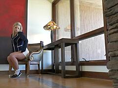 beauty blonde girl scarlet red masturbates her shaved pussy