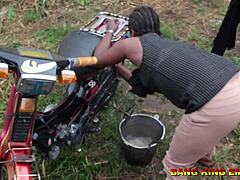 Amateur big tits pornstar begs for hardcore anal fucking from black cock after washing husband's motorcycle until cumshot