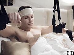 Stepmom helps stepson with big cock using hands