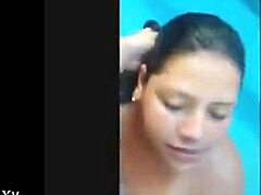 Chinese MILF brunette gets anal fucked by Russian in pool for facial